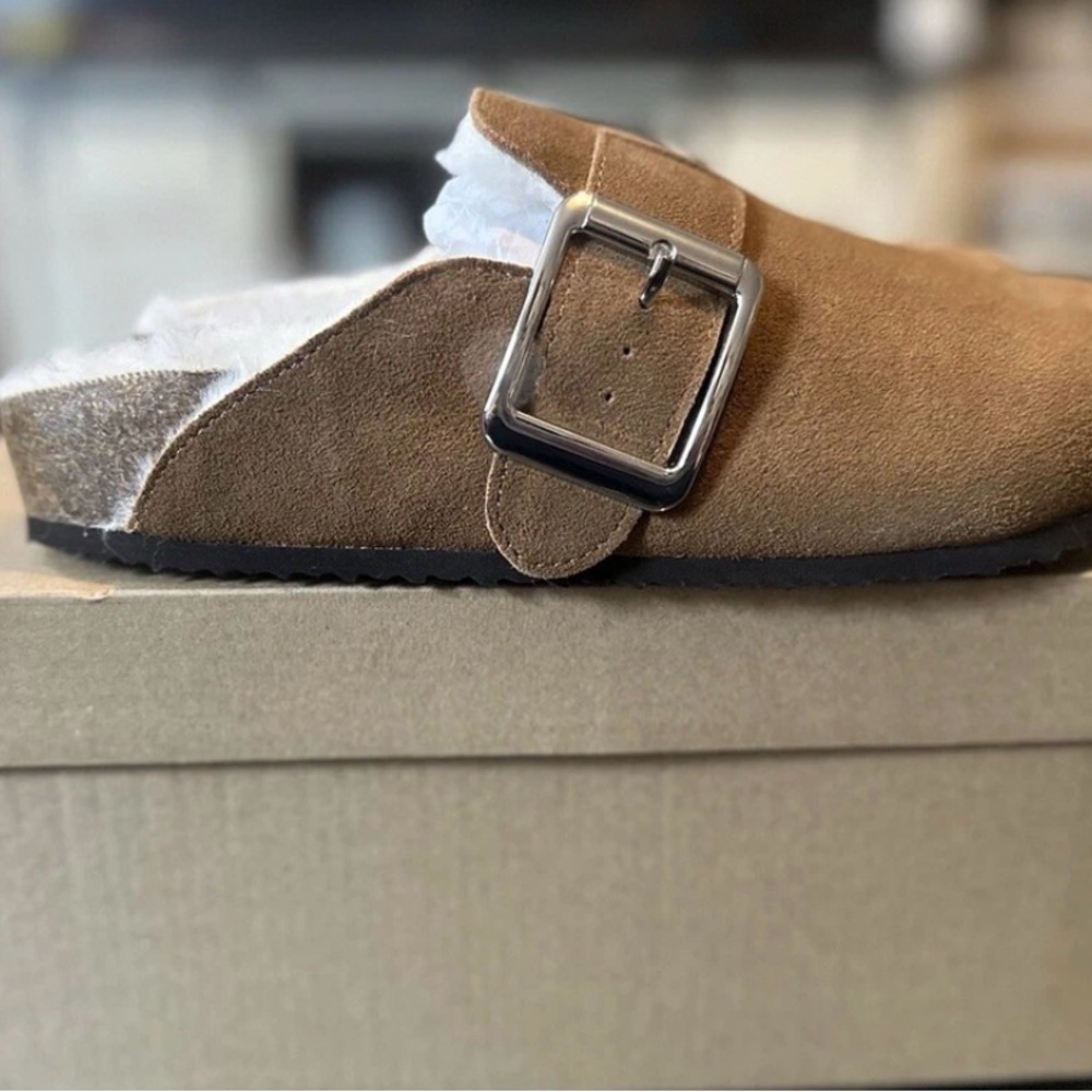 Steve Madden Tan Suede Mules with Silver Buckle